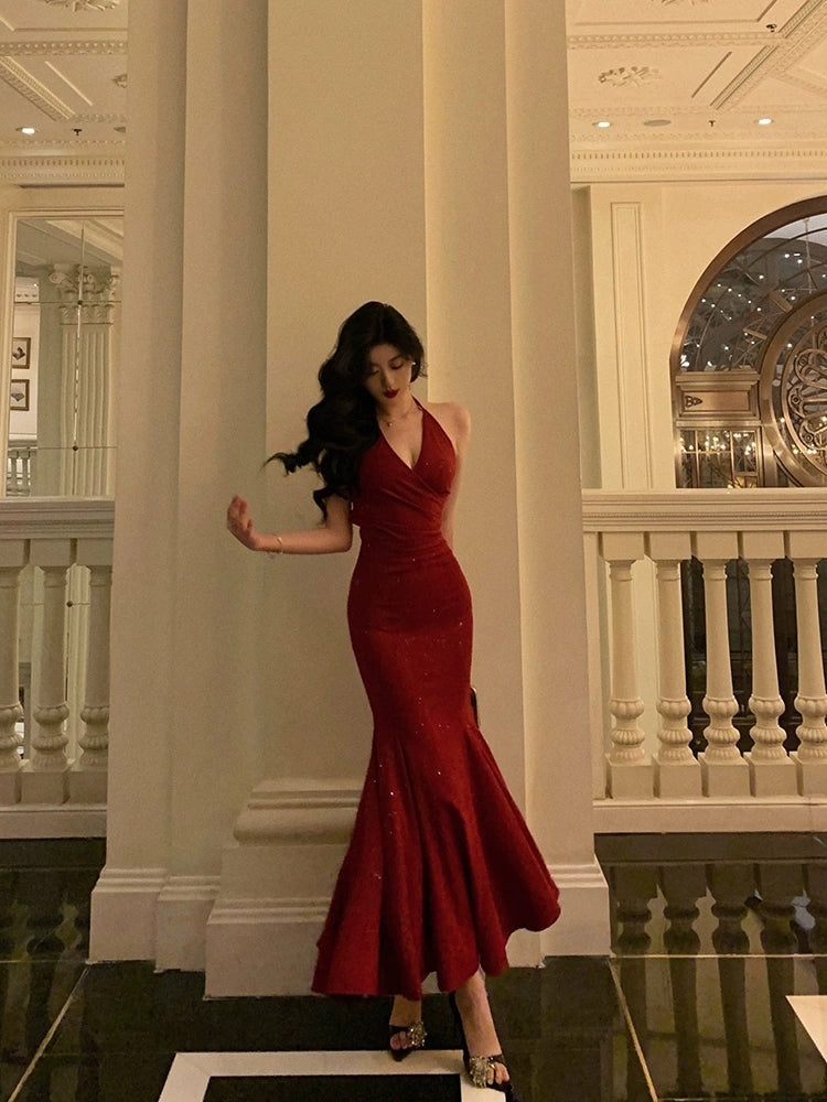 Robe de bal longue sirène dos nu bordeaux, robe de soirée formelle J8699