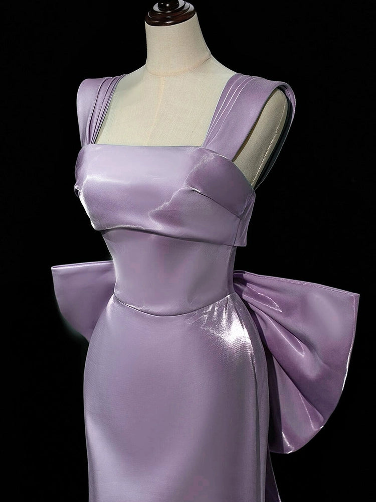 Robe de bal sirène longue violet clair avec nœud, tenue de soirée formelle pour adolescentes J8700