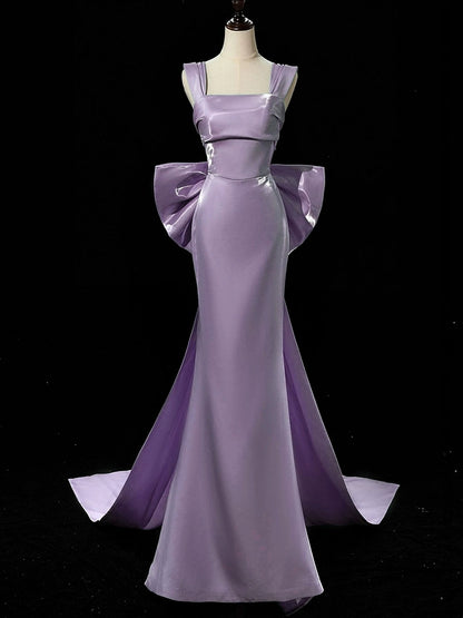 Robe de bal sirène longue violet clair avec nœud, tenue de soirée formelle pour adolescentes J8700
