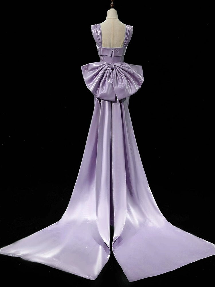 Robe de bal sirène longue violet clair avec nœud, tenue de soirée formelle pour adolescentes J8700