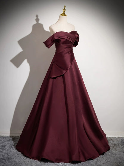 Robe de bal longue bordeaux à épaules dénudées en satin J8703