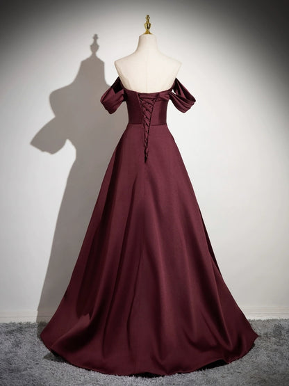 Robe de bal longue bordeaux à épaules dénudées en satin J8703