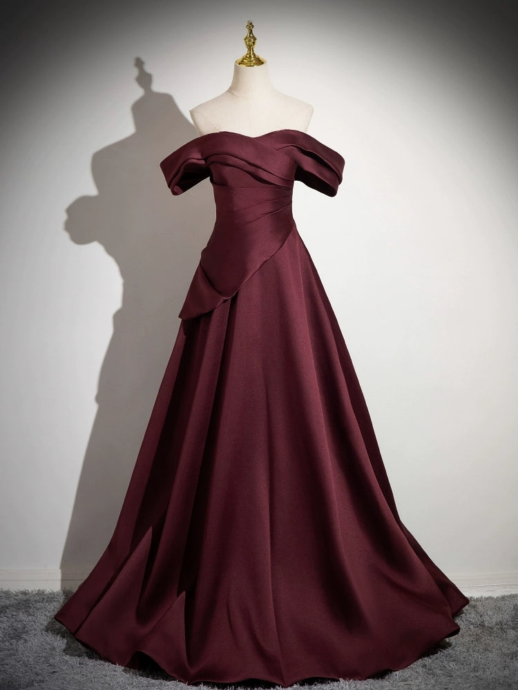 Robe de bal longue bordeaux à épaules dénudées en satin J8703