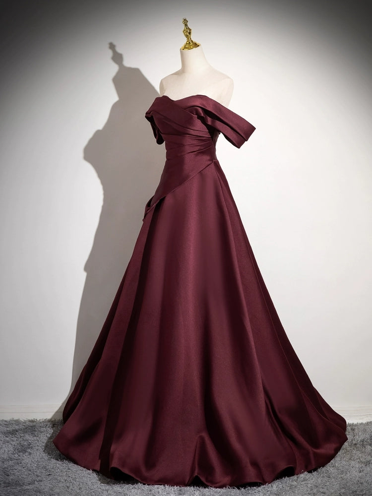 Robe de bal longue bordeaux à épaules dénudées en satin J8703