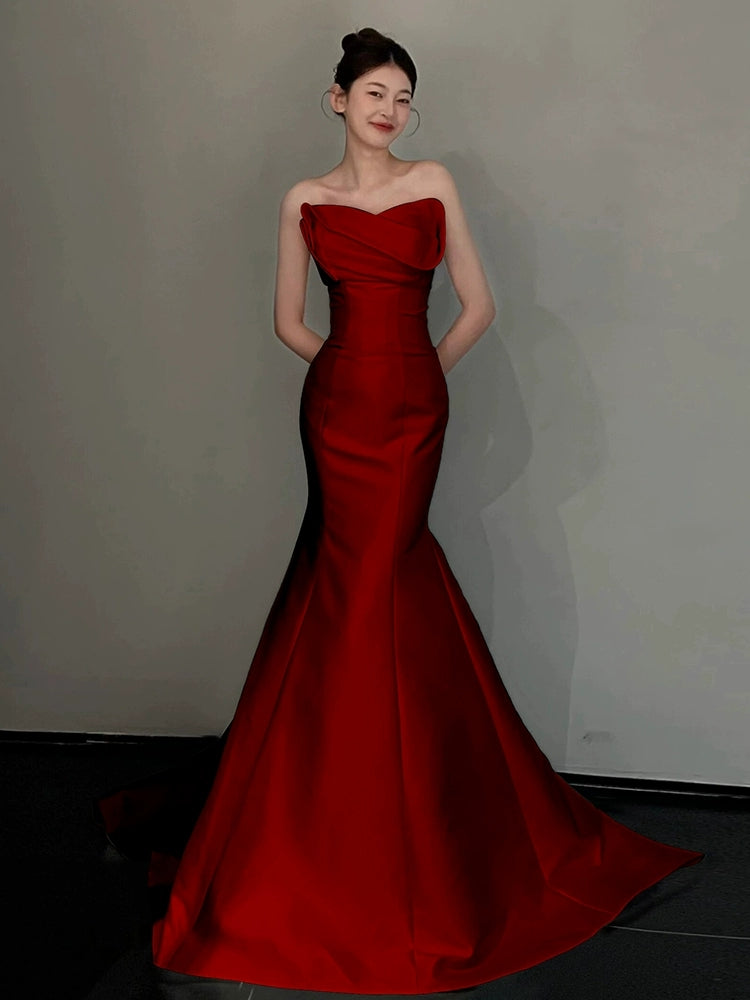 Robe de soirée longue sirène bordeaux en satin J8704