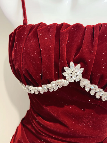 Beaded A Line Burgundy Long Prom Dress Ruffle Velvet Evening Gowns J8705