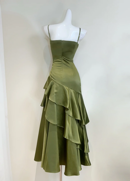 A Line Green Long Prom Dress Ruffle Evening Gowns J8706