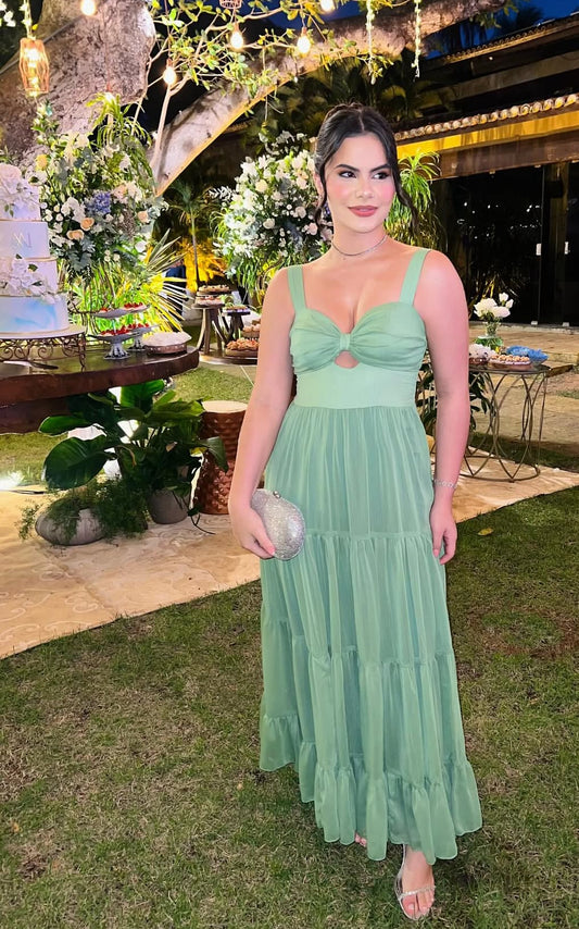 Robe de bal longue verte coupe trapèze, robe d'invitée de mariage J8709