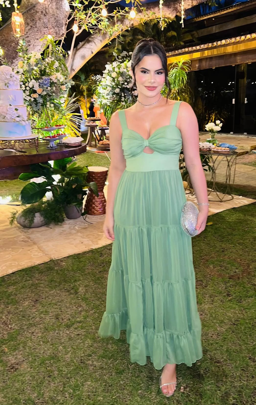 Robe de bal longue verte coupe trapèze, robe d'invitée de mariage J8709