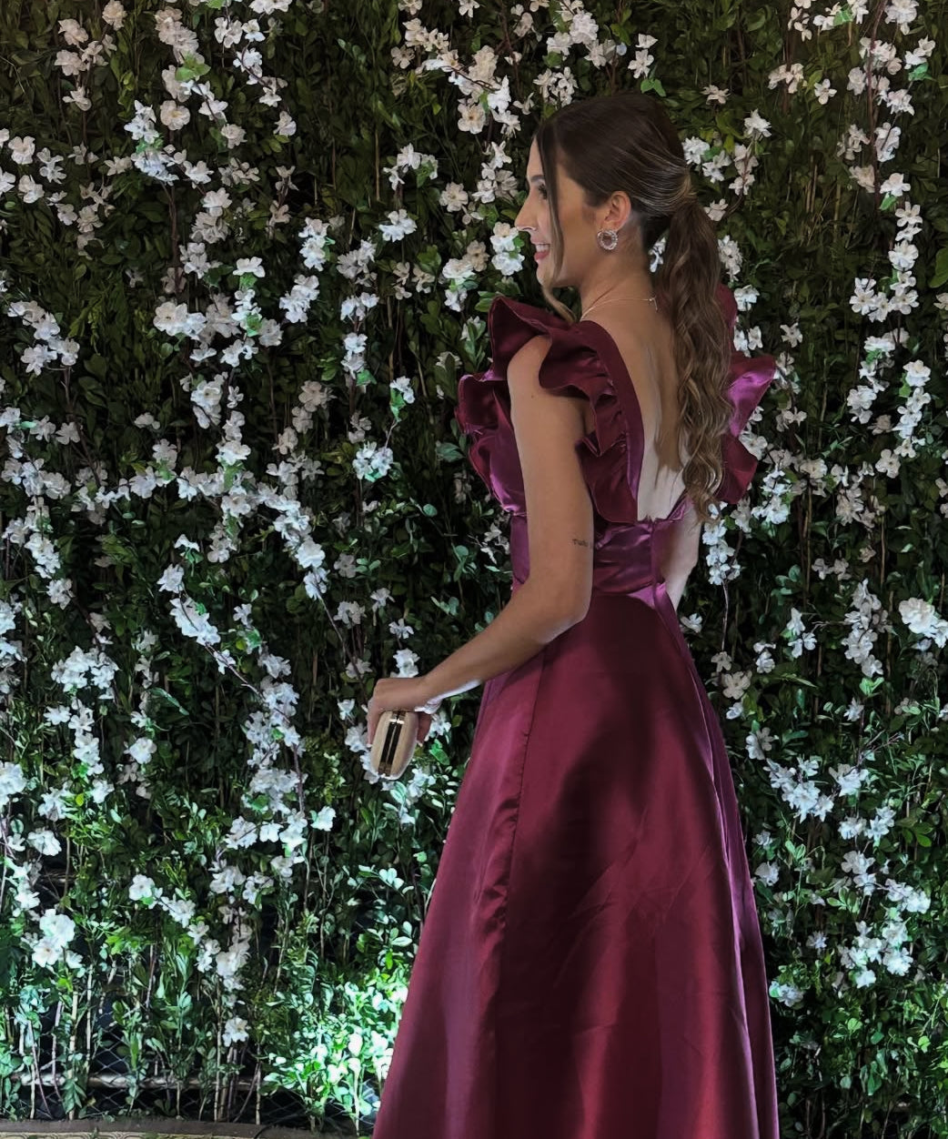 Robe de bal longue en satin fuchsia coupe trapèze, robe d'invitée de mariage J8710