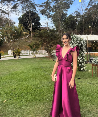 Robe de bal longue en satin fuchsia coupe trapèze, robe d'invitée de mariage J8710