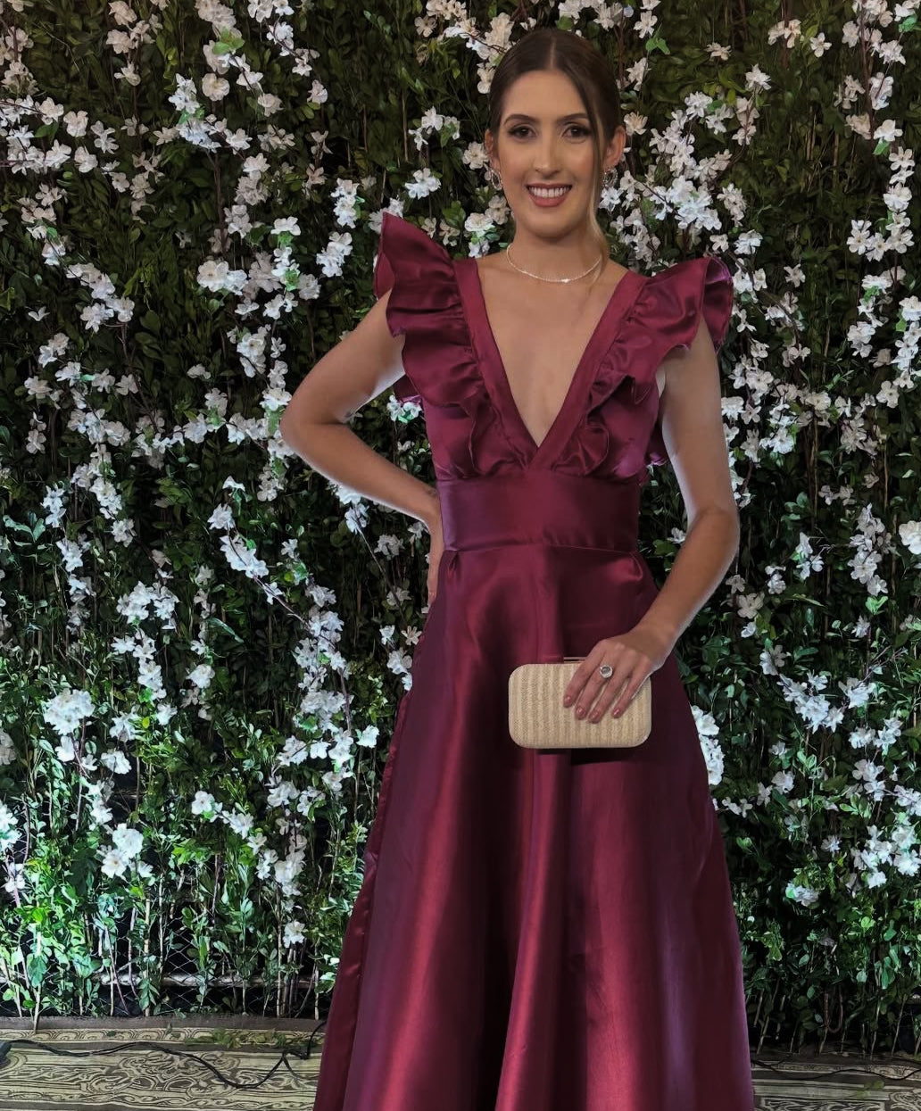 Robe de bal longue en satin fuchsia coupe trapèze, robe d'invitée de mariage J8710