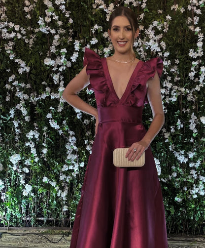 Robe de bal longue en satin fuchsia coupe trapèze, robe d'invitée de mariage J8710