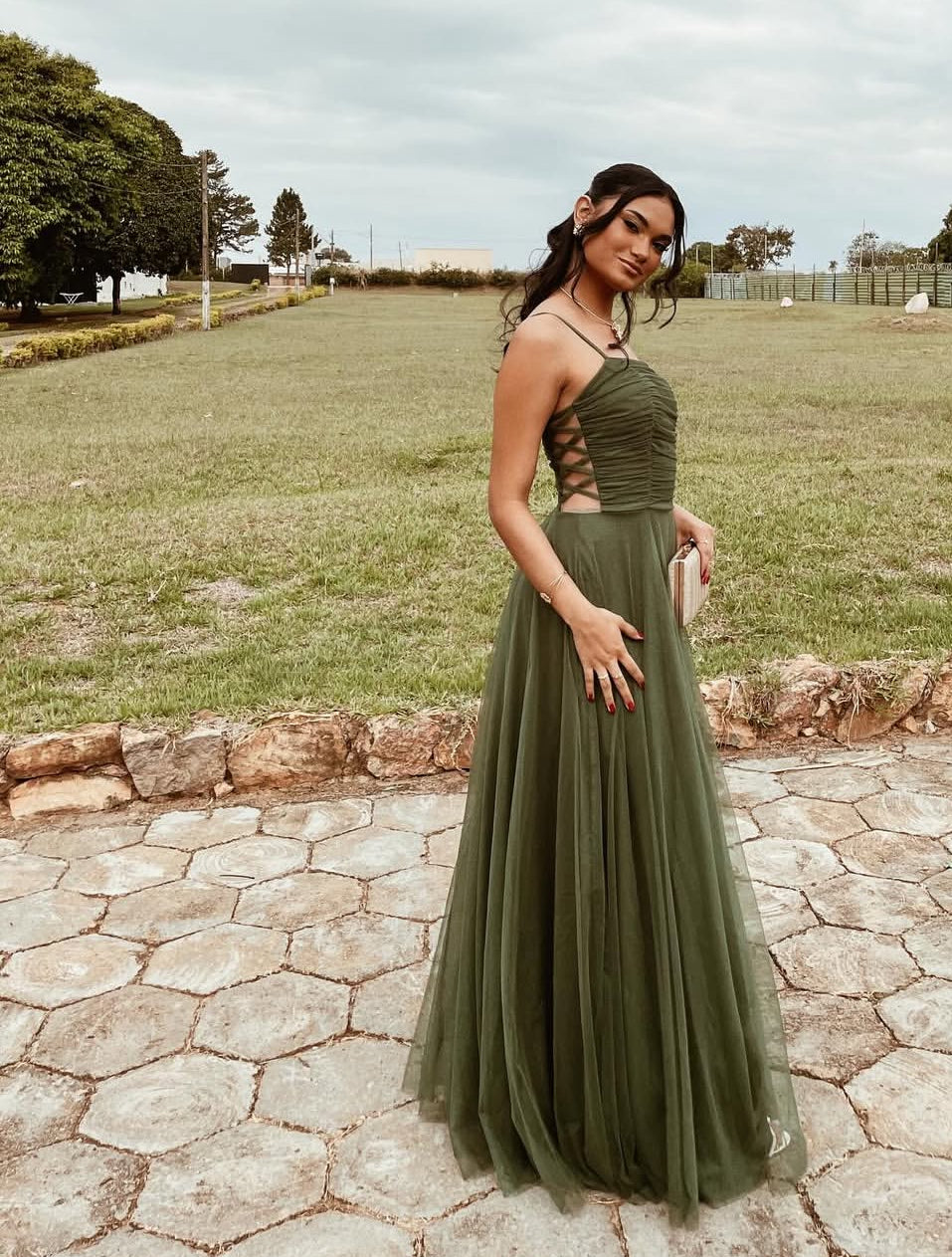 Spaghetti Straps A Line Green Tulle Long Prom Dress J8712