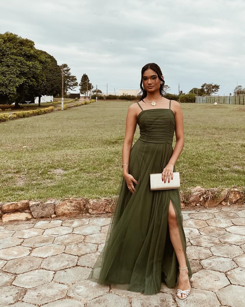 Spaghetti Straps A Line Green Tulle Long Prom Dress J8712