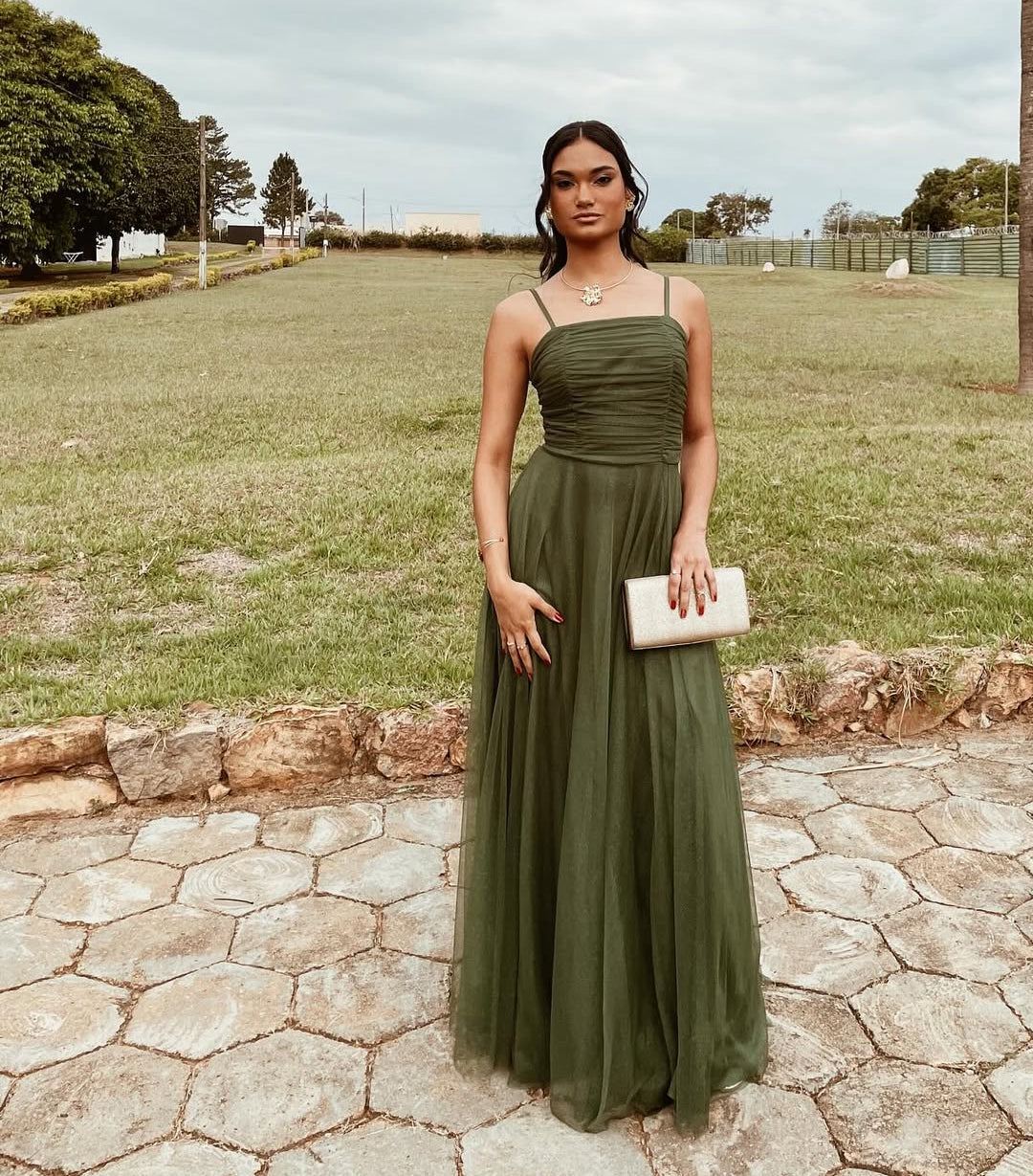 Spaghetti Straps A Line Green Tulle Long Prom Dress J8712