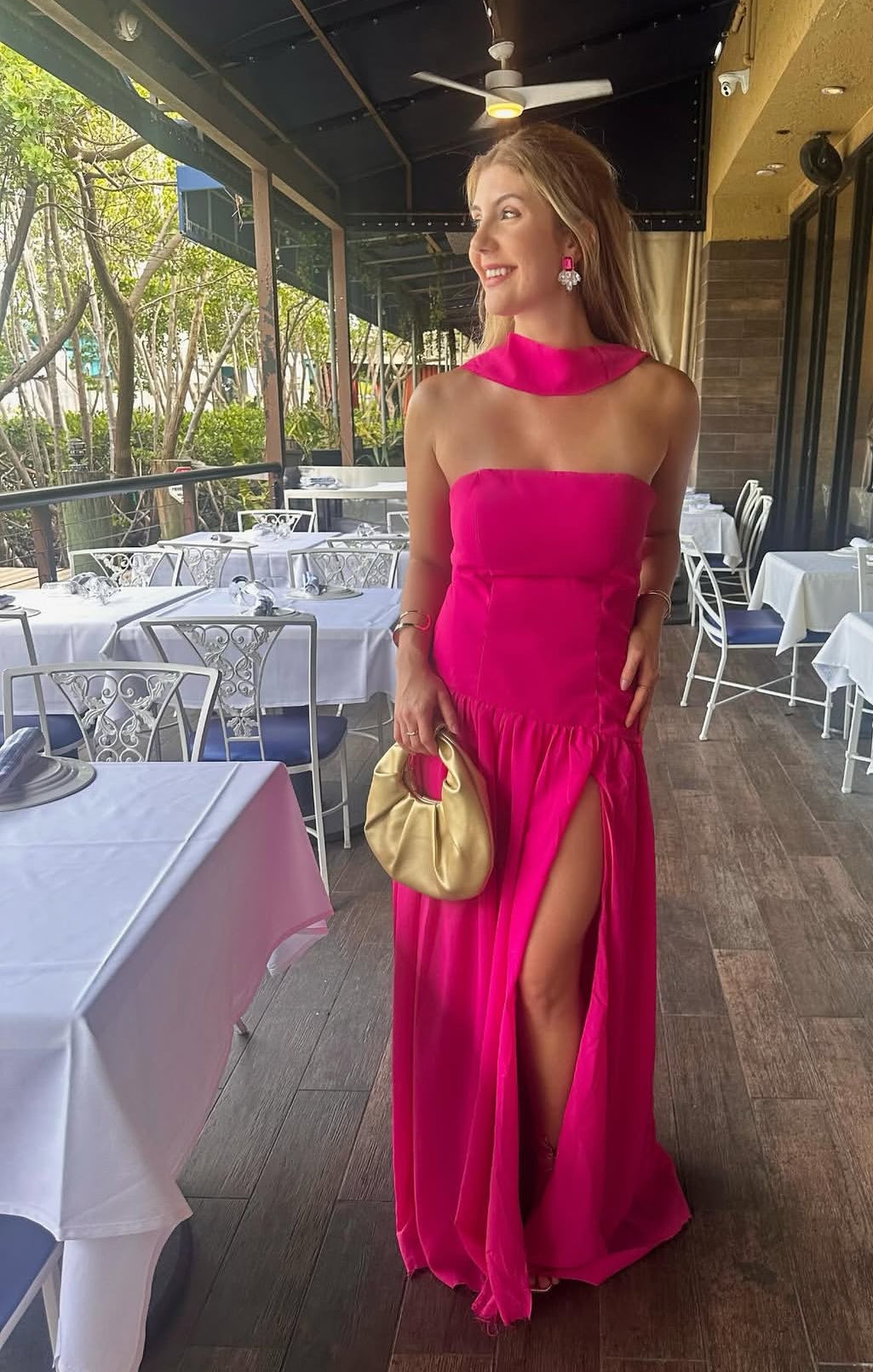 Strapless Hot Pink A Line Long Prom Dress Wedding Guest Dress J8714