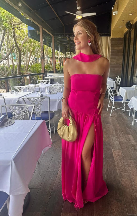 Strapless Hot Pink A Line Long Prom Dress Wedding Guest Dress J8714