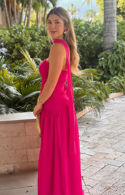 Strapless Hot Pink A Line Long Prom Dress Wedding Guest Dress J8714