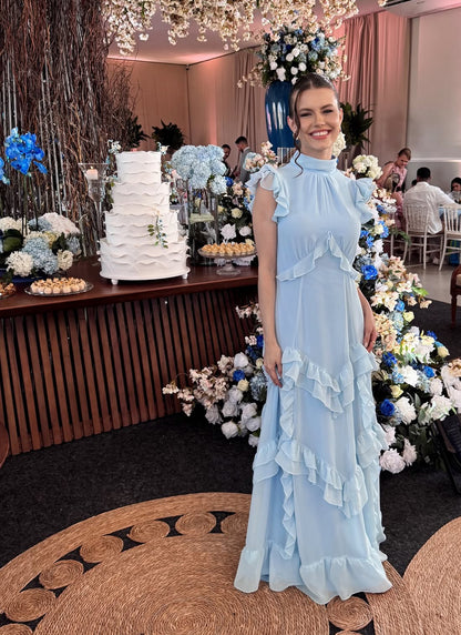 Robe de bal longue bleue modeste à volants, coupe trapèze, pour invitée de mariage, J8715