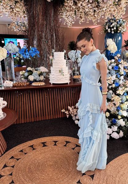 Robe de bal longue bleue modeste à volants, coupe trapèze, pour invitée de mariage, J8715