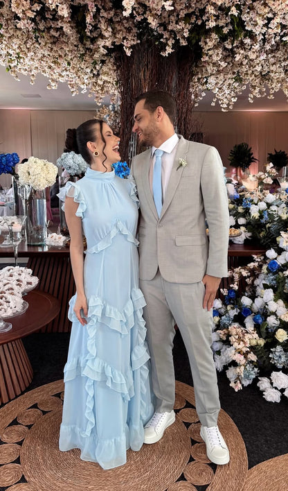Robe de bal longue bleue modeste à volants, coupe trapèze, pour invitée de mariage, J8715