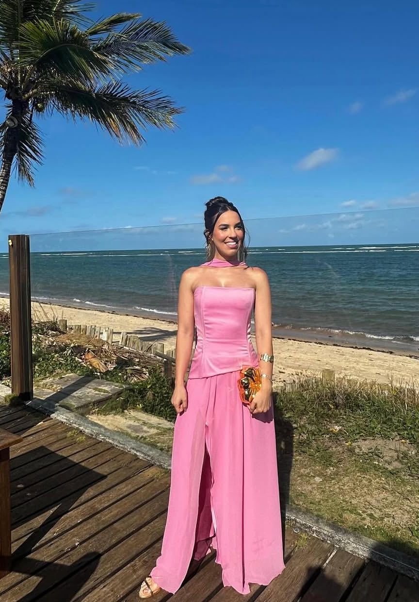 Robe de bal longue rose coupe trapèze fendue, robe d'invitée de mariage J8716