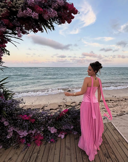 Robe de bal longue rose coupe trapèze fendue, robe d'invitée de mariage J8716