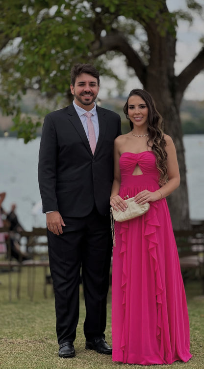 Strapless Hot Pink A Line Long Prom Dress Ruffles Wedding Guest Dress J8718