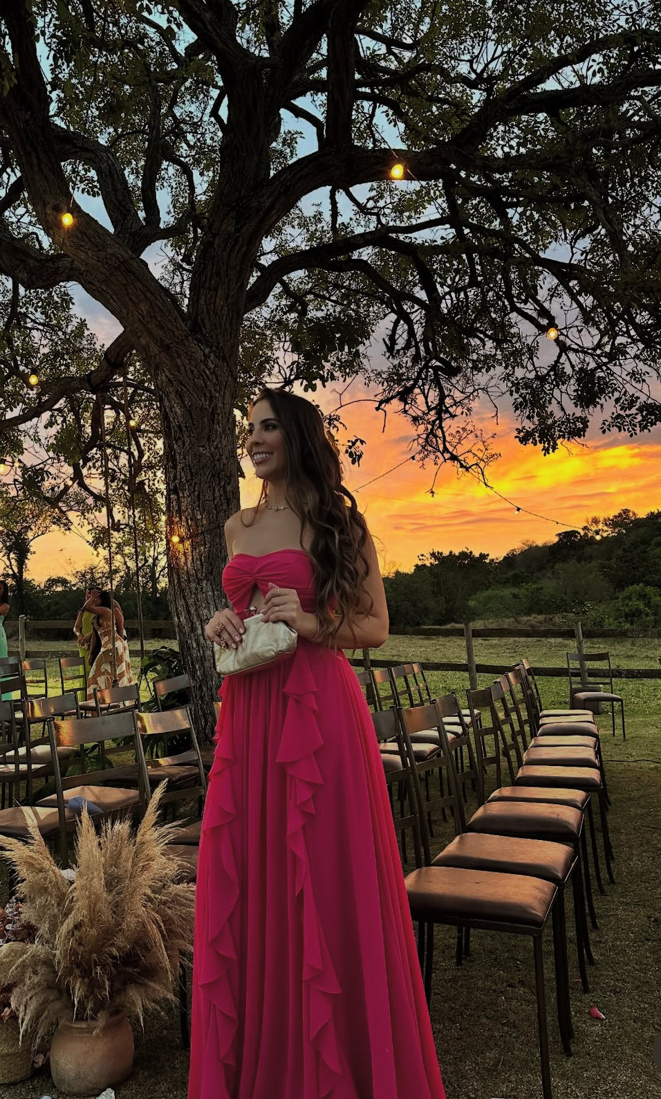 Strapless Hot Pink A Line Long Prom Dress Ruffles Wedding Guest Dress J8718