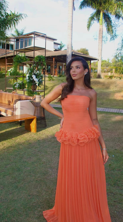 Strapless A Line Orange Long Prom Dress Wedding Guest Dress J8719