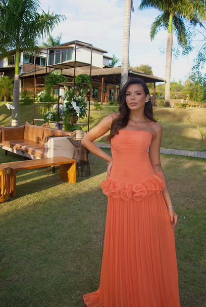 Strapless A Line Orange Long Prom Dress Wedding Guest Dress J8719