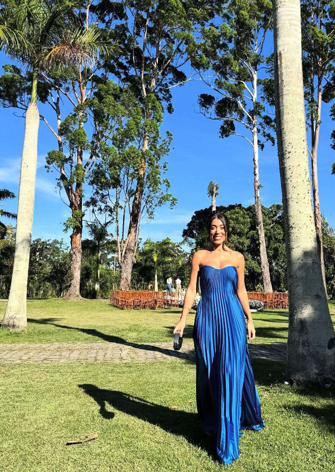 Robe de bal longue plissée bleue coupe trapèze, robe d'invitée de mariage J8720