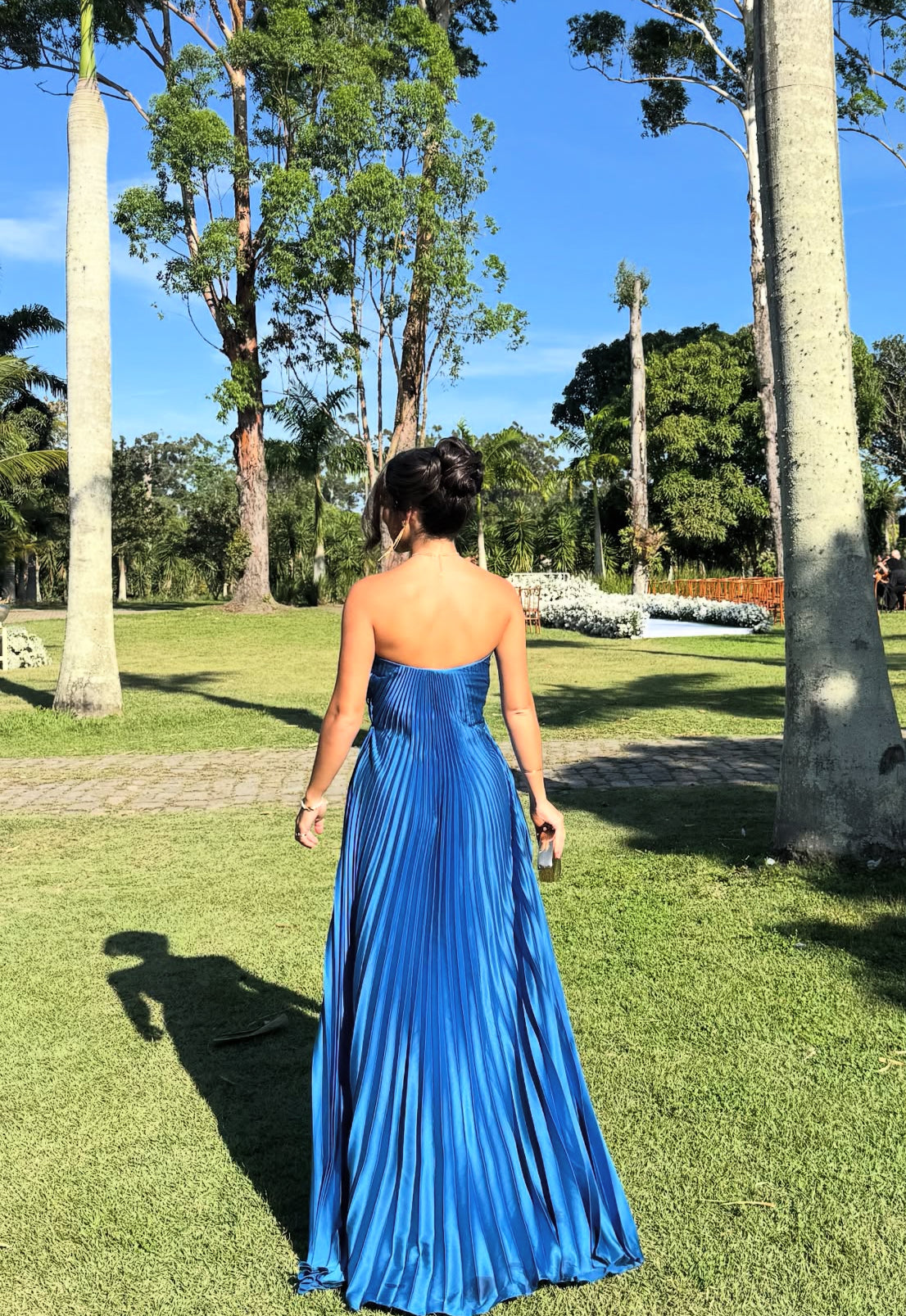 Robe de bal longue plissée bleue coupe trapèze, robe d'invitée de mariage J8720