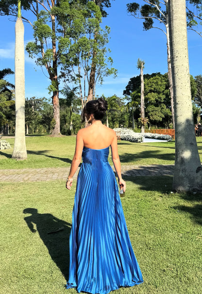 Robe de bal longue plissée bleue coupe trapèze, robe d'invitée de mariage J8720