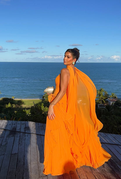 Robe de bal longue plissée orange coupe trapèze, robe d'invitée de mariage J8721