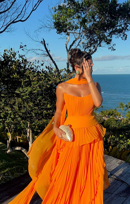 Robe de bal longue plissée orange coupe trapèze, robe d'invitée de mariage J8721