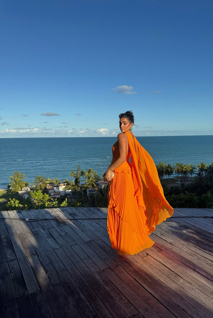 Robe de bal longue plissée orange coupe trapèze, robe d'invitée de mariage J8721