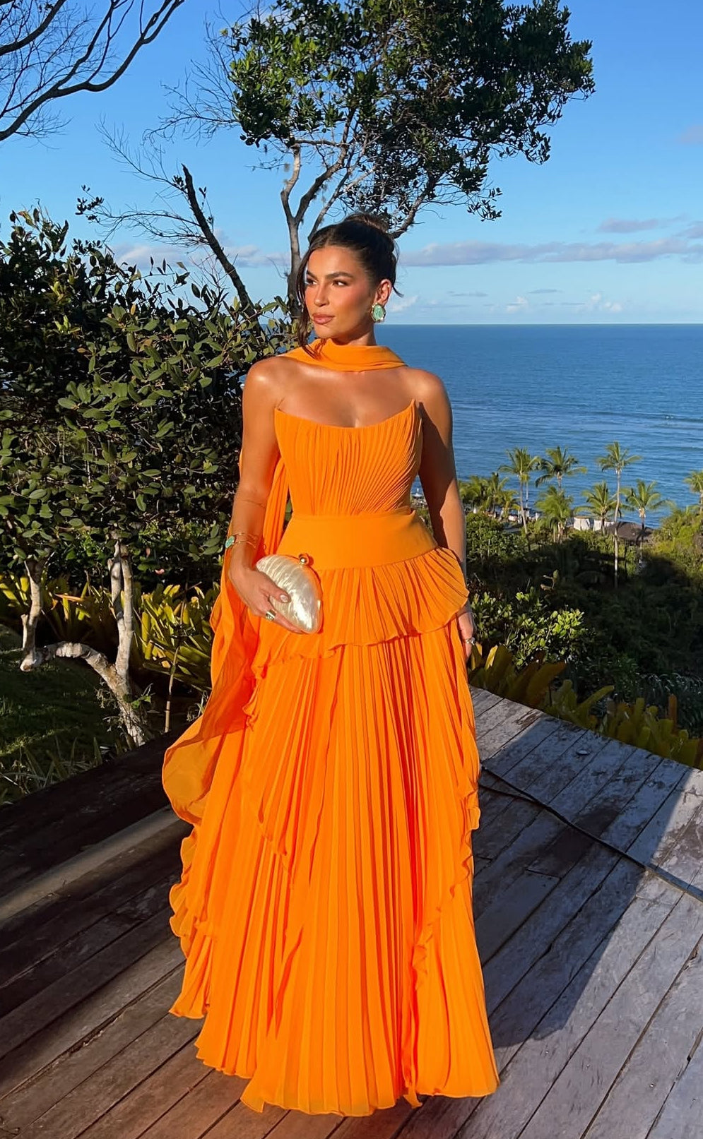 Robe de bal longue plissée orange coupe trapèze, robe d'invitée de mariage J8721