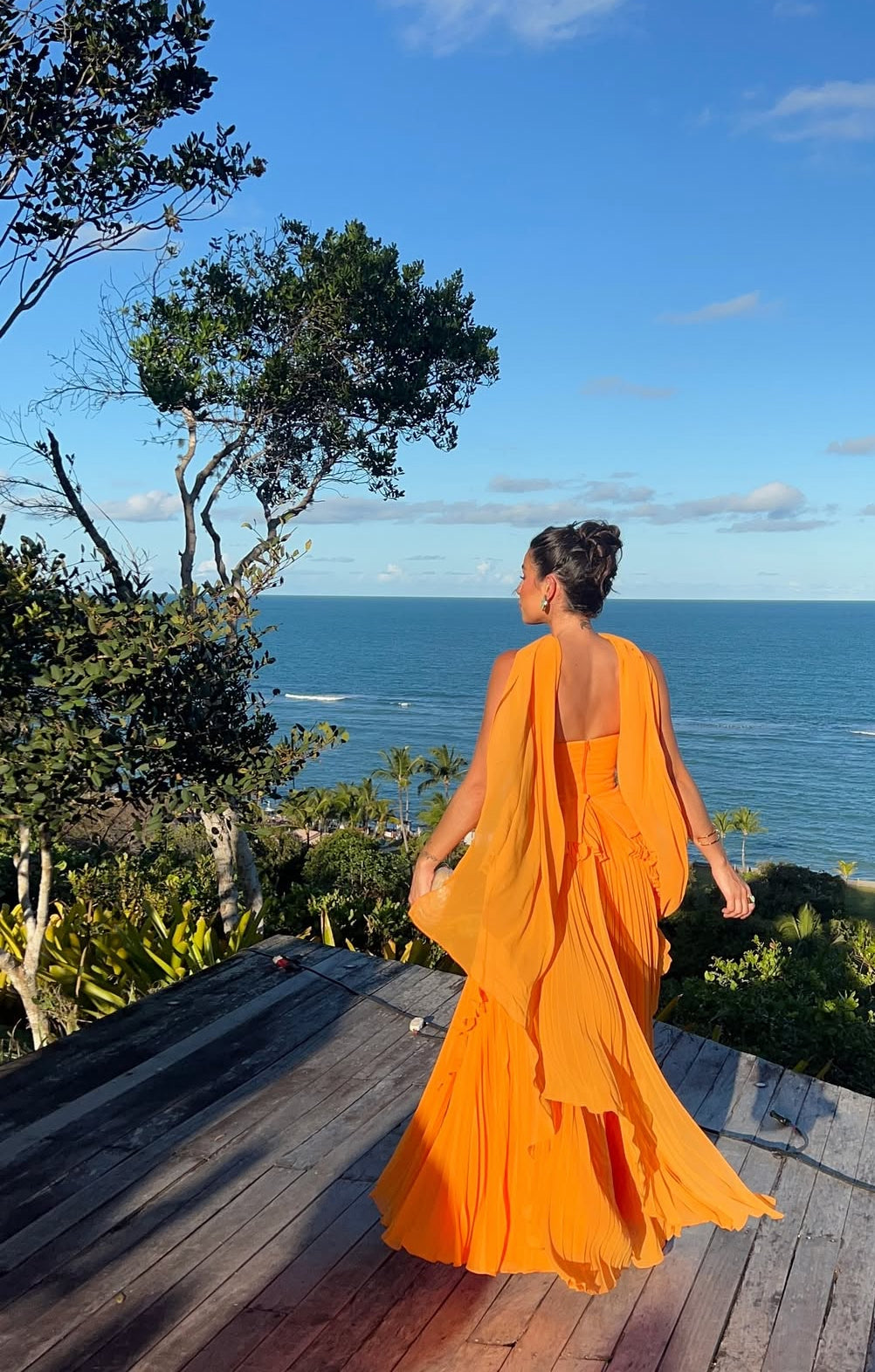 Robe de bal longue plissée orange coupe trapèze, robe d'invitée de mariage J8721