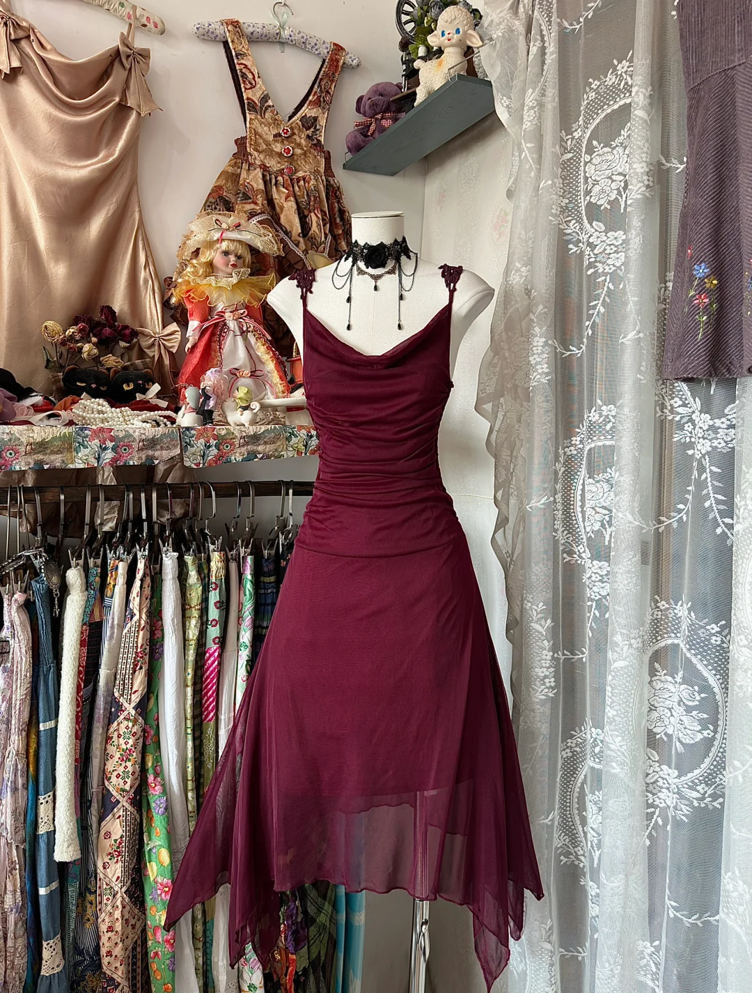 A Line Burgundy Prom Dress Applique Straps Vintage Dress  J8723