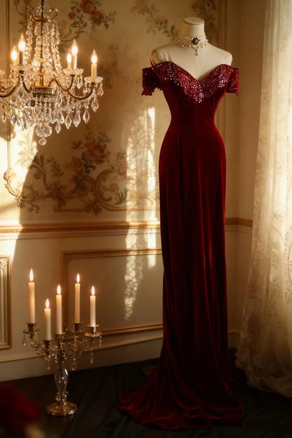 Robe de bal longue bordeaux à épaules dénudées en velours, tenue de soirée formelle J8724