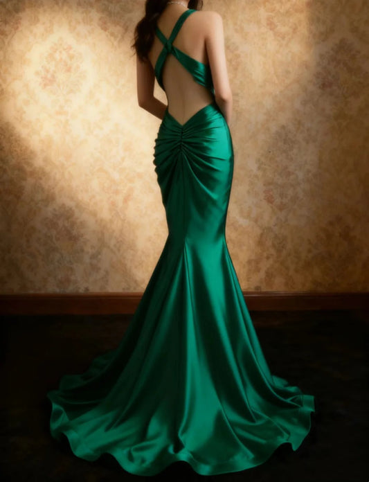Robe de bal longue en satin vert style sirène, robe de soirée sexy dos nu, J8726