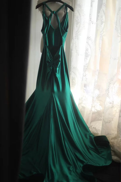 Robe de bal longue en satin vert style sirène, robe de soirée sexy dos nu, J8726
