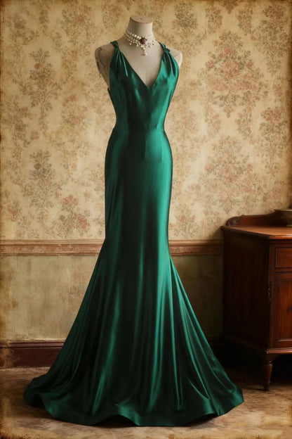 Robe de bal longue en satin vert style sirène, robe de soirée sexy dos nu, J8726