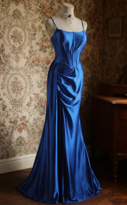 Spaghetti Straps Royal Blue Long Prom Dress Satin Evening Gown J8728