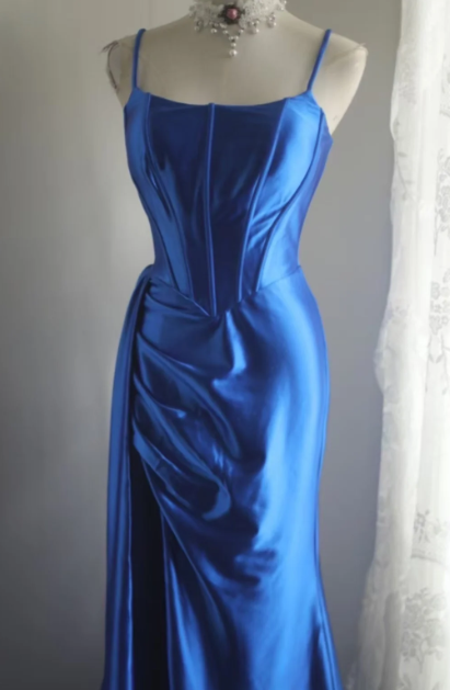 Spaghetti Straps Royal Blue Long Prom Dress Satin Evening Gown J8728
