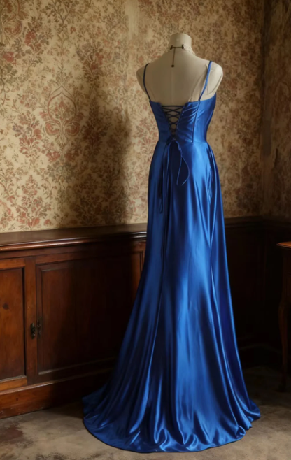 Spaghetti Straps Royal Blue Long Prom Dress Satin Evening Gown J8728
