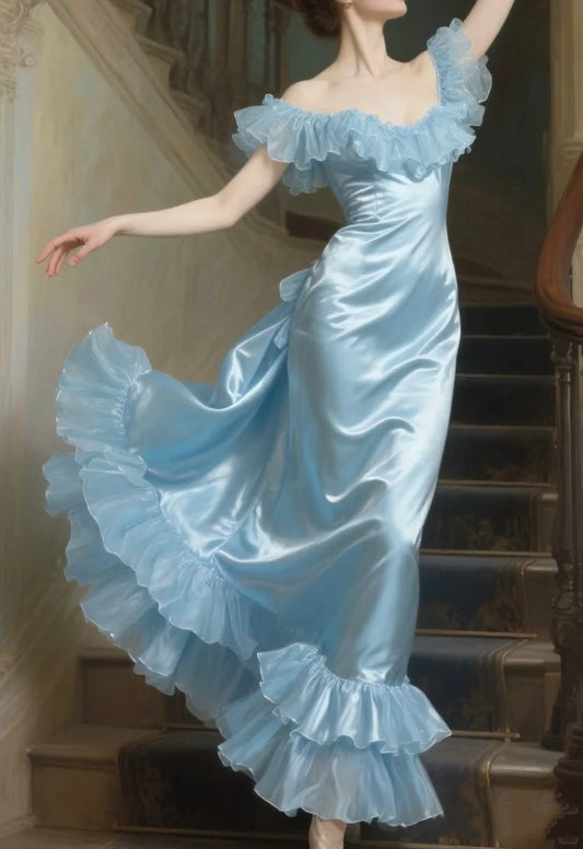 Ruffle Off The Shoulder Blue Long Prom Dress Evening Party Dress J8732