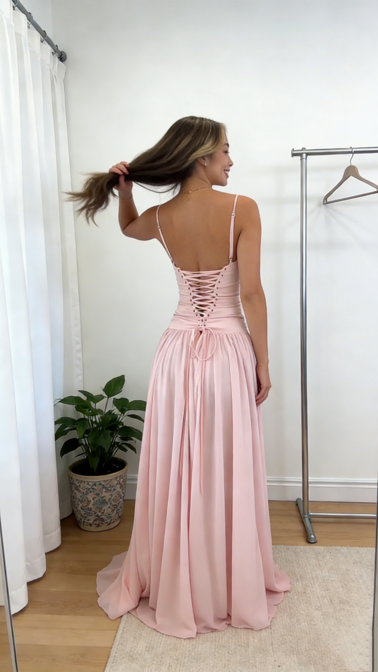 Satin A Line Pink  Long Prom Dress  Back